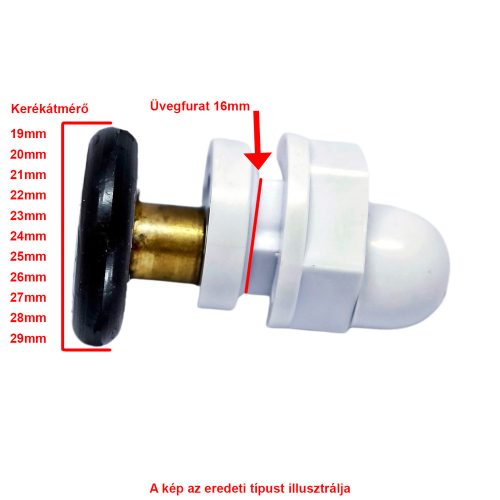 ROLĂ SIMPLĂ CU ROȚI PENTRU CABINĂ DE DUȘ AQUAMAXX, CU DIAMETRU GĂURĂ STICLĂ DE 16 MM, DIAMETRU ROȚĂ DE 19-29 MM, ROȚI CU RULMENȚI INOXIDABILI ȘI NEOXIDABILI