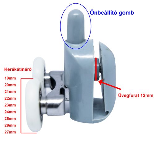 ROLĂ PENTRU CABINĂ DE DUȘ CU PARTEA INFERIOARĂ CU DOUĂ ROȚI AQUAMAXX, CU REGLARE CU ARC ȘI BUTON, DIAMETRU ROȚI 19-27 MM, ROȚI DIN OȚEL INOXIDABIL ȘI DIN ALTE MATERIALE