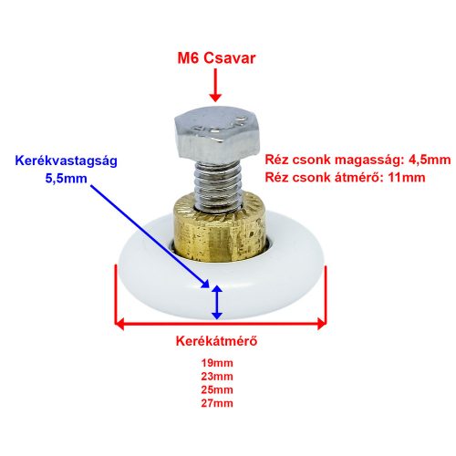 ROȚĂ CU ROLĂ PENTRU CABINĂ DE DUȘ AQUAMAXX, DIAMETRU ROȚĂ 19 MM, 23 MM, 25 MM, 27 MM, ȘURUB M6, CAPĂT DE ALAMĂ PROIECTAT