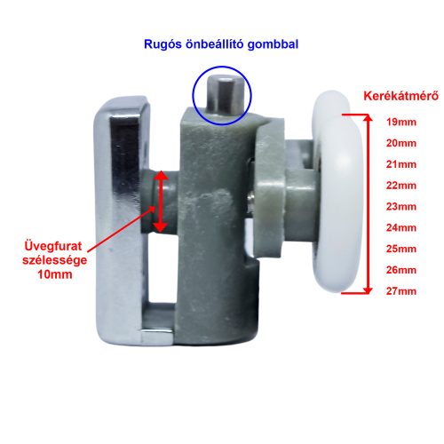 ROLĂ PENTRU CABINĂ DE DUȘ CU BAZĂ CU ROȚI DUBLE AQUAMAXX, REGLARE CU ARC, BUTON, GĂURĂ DE 10 MM ÎN STICLĂ, DIAMETRU ROȚI 19-27 MM, ROȚI DIN OȚEL INOXIDABIL ȘI DIN ALTE MATERIALE
