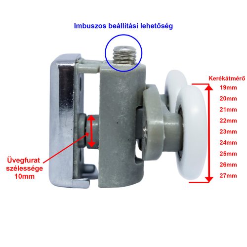 ROLĂ PENTRU CABINĂ DE DUȘ CU ROȚI DUBLE AQUAMAXX, REGLARE CU CHEIE ALEN, GĂURĂ DE 10 MM ÎN STICLĂ, DIAMETRU ROȚI DE 19-27 MM, ROȚI DIN OȚEL INOXIDABIL ȘI DIN ALTE MATERIALE