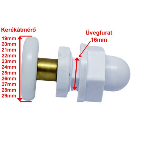 ROLĂ SIMPLĂ CU ROȚI PENTRU CABINĂ DE DUȘ AQUAMAXX, CU DIAMETRU GĂURĂ STICLĂ DE 16 MM, DIAMETRU ROȚĂ DE 19-29 MM, ROȚI CU RULMENȚI INOXIDABILI ȘI NEOXIDABILI