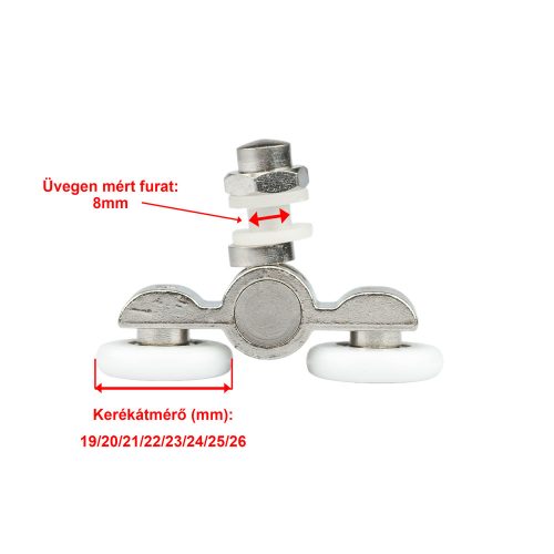 ROLĂ PENTRU CABINĂ DE DUȘ CU ROȚI DUBLE AQUAMAXX, REGLARE EXCENTRICĂ, DIAMETRU ROȚI 19 MM-26 MM, ECHIPATĂ CU ROȚI DIN OȚEL INOXIDABIL ȘI DIN ALTE MATERIALE