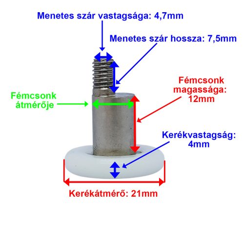 ROLĂ PENTRU CABINĂ DE DUȘ EXCENTRICĂ AQUAMAXX, GROSIME ROATĂ 4 MM, DIAMETRU ROATĂ 21 MM, LUNGIME AX FILETAT 7,5 MM, ÎNĂLȚIME SOCKET METALIC 12 MM, DIAMETRU SOCKET METALIC 9 MM