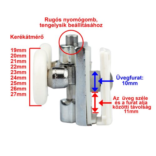 ROLĂ CU ROȚI DUBLE CU ARC PENTRU CABINĂ DE DUȘ AQUAMAXX, REGLARE CU BUTON, DIAMETRU ROȚI 19-27 MM, ECHIPATĂ CU ROȚI DIN OȚEL INOXIDABIL ȘI DIN ALTE MATERIALE