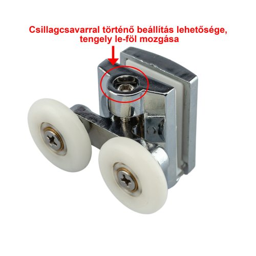 ROLĂ DUBLA PENTRU CABINĂ DE DUȘ AQUAMAXX, REGLARE CU ȘURUB STELAT, DIAMETRU ROȚI 19-27 MM, ECHIPATĂ CU ROȚI DIN OȚEL INOXIDABIL ȘI DIN ALTE MATERIALE